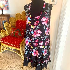RAINDROPS Black Pink Floral Print Sleeveless Swing Dress! Black Ruffles. Medium
